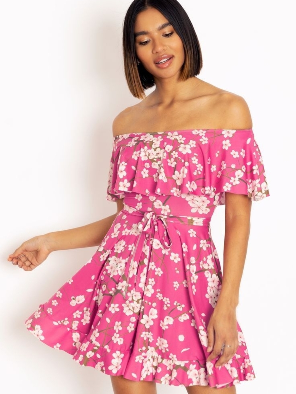 Cherry Blossom Pink Off The Shoulder Frill Dress - Limited!